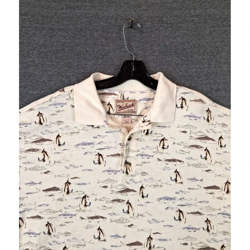 Woolrich Mens Shirt Medium Polo AOP Fishing‎ Fish Beach Resort Coastal Casual